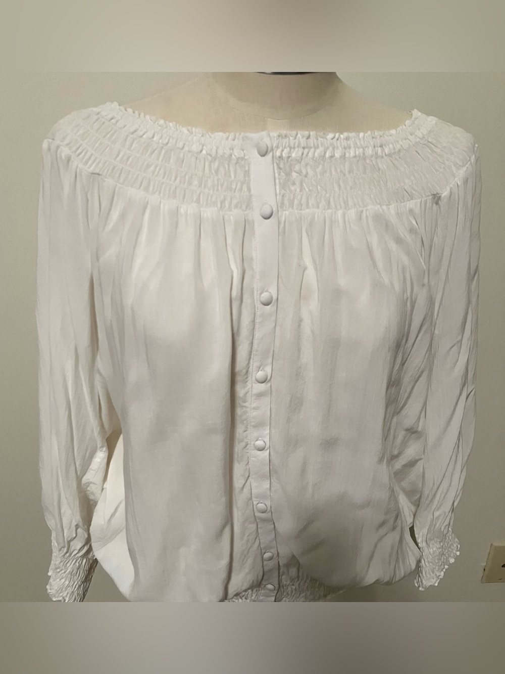 Women’s White Smocked Peasant Blouse Romantic Sz. S Rayon Button Front Boho